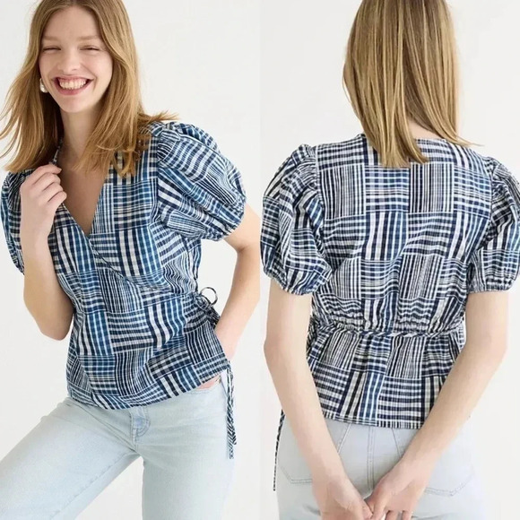 J. Crew Tops - J.Crew Puff Sleeve Wrap Top Indigo Plaid Patchwork Cotton Blouse Size XS
